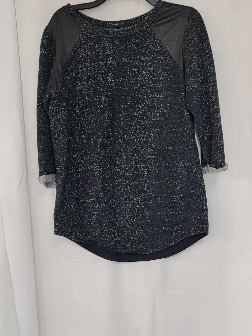 Sanctuary Black Heathered Pullover with Faux-Leather Shoulder Panels